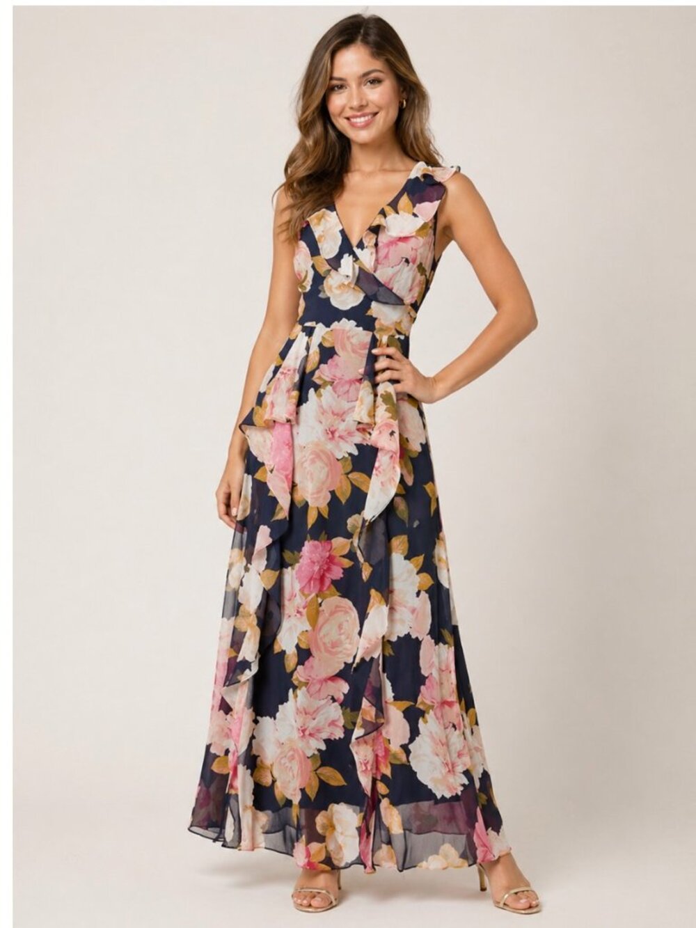 Karl Lagerfeld Maxi Dress Blue Pink Floral Chiffon Romantic Summer Size 2